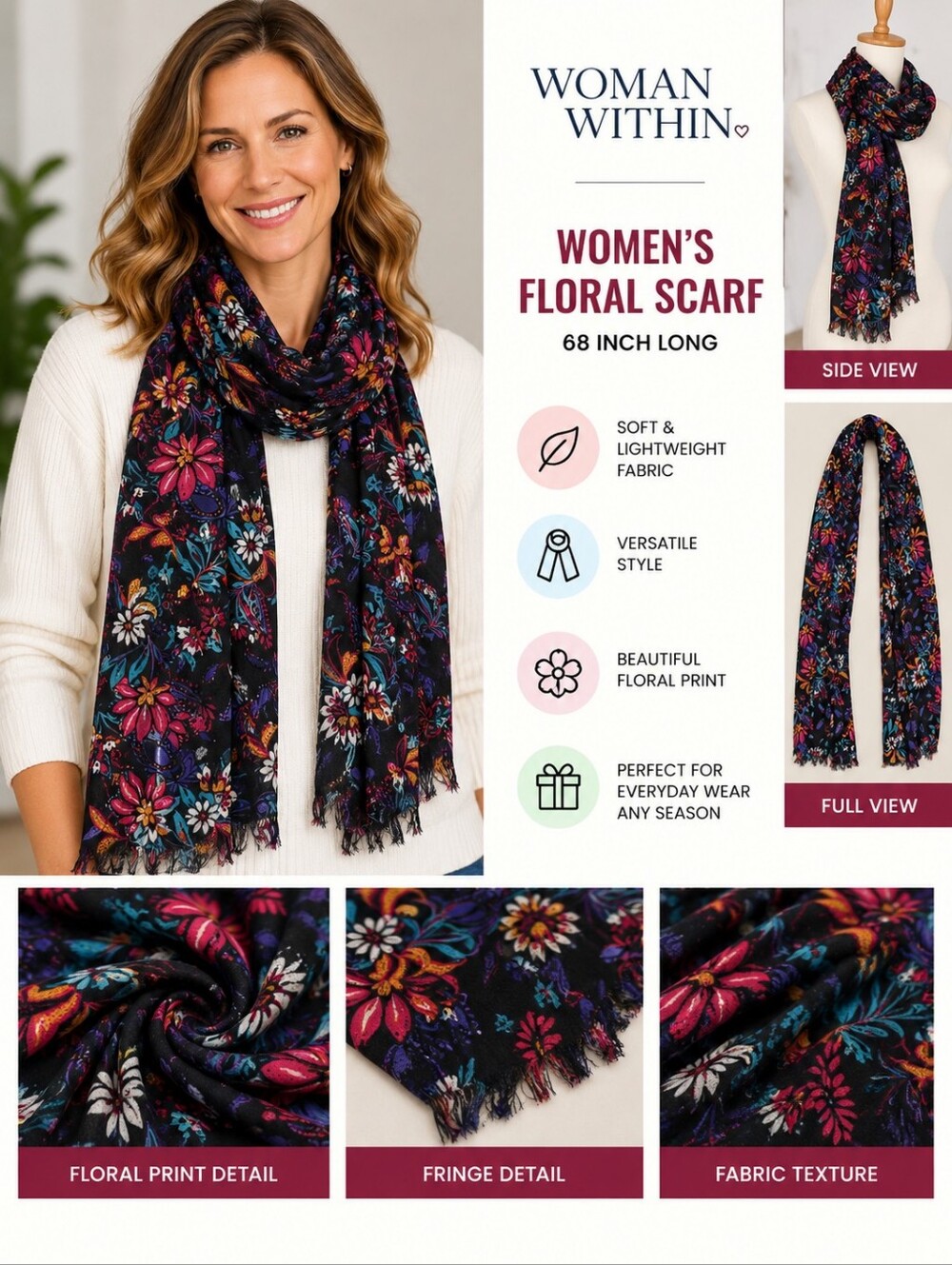 Woman within 68 inch black floral scarf #36
